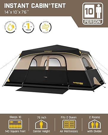 FanttikOutdoor Camping Tent 10 Person Instant Cabin Tent Setup in 60 Seconds with Rainfly & Windproof Portable with Carry Bag for Family Camping & Hiking