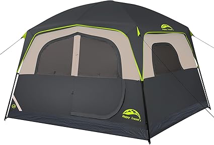 Happy Travel Tent 6 Person Tents for Camping, Waterproof Easy Setup Camping Tent with Rainfly, Portable Large Family Cabin Tent with 5 Large Mesh Windows and Carry Bag for Outdoor Camping & Hiking